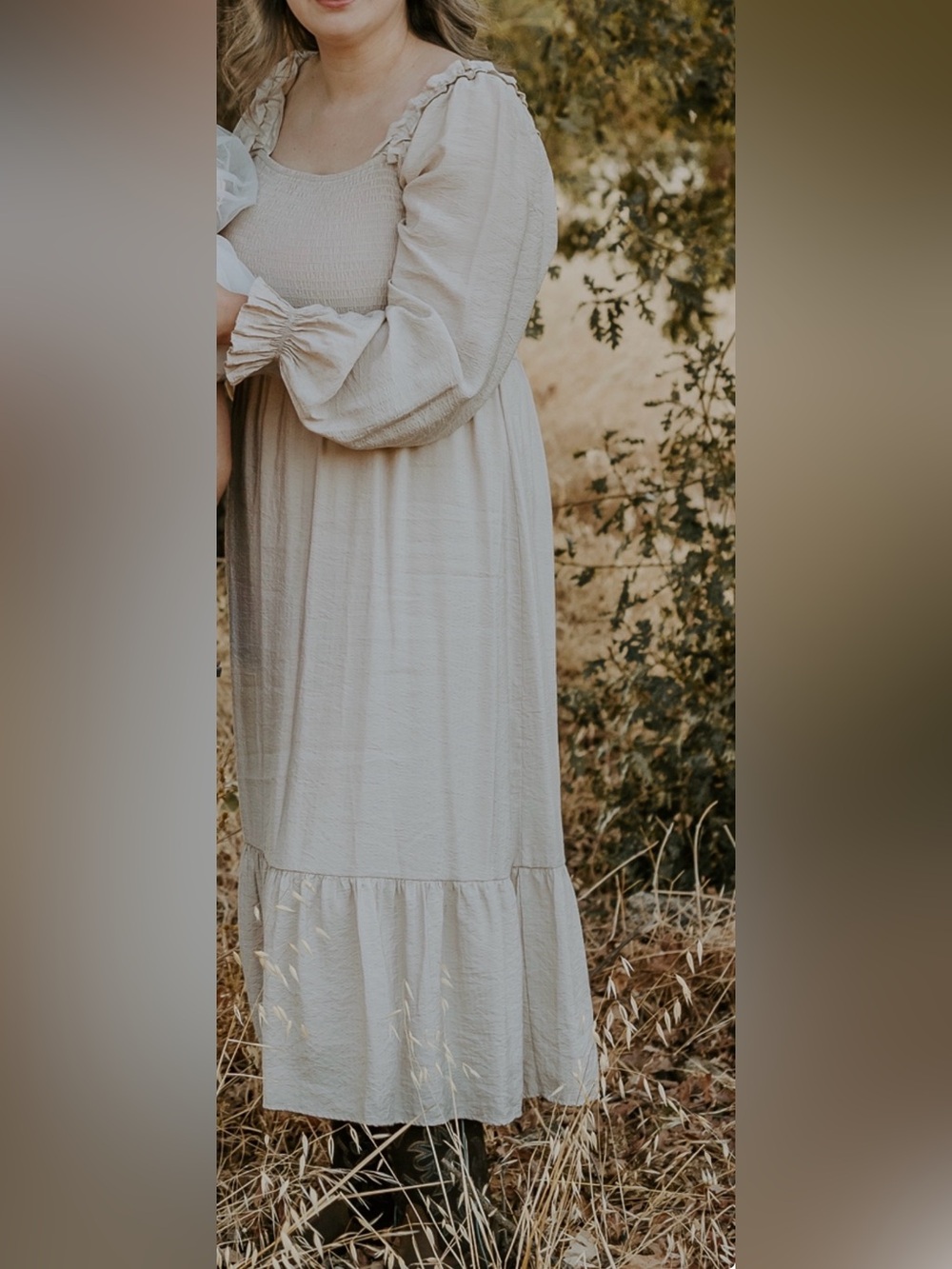 Cream Tiered Maxi Dress with Balloon Sleeves - Brand Unspecified